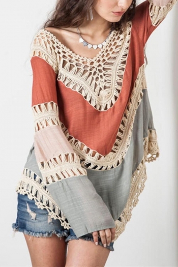 sexy slight stretch hollow color contrast long sleeve loose beach cover-ups