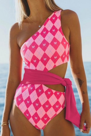 sexy checkered and heart printing padded one shoulder hollow one-piece swimsuit