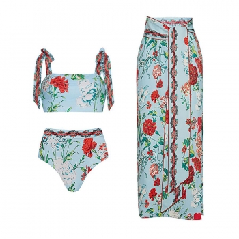 vintage padded floral print lace-up three-piece swimsuit(skirt only one size)
