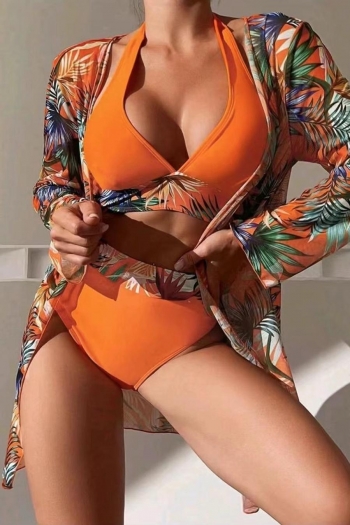 sexy 5 colors leaf printing padded halter-neck lace-up three-piece swimsuit