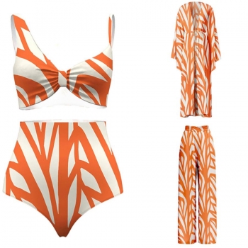 sexy stripe printing padded high waist lace-up four-piece swimsuit