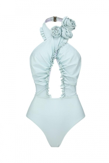 sexy padded hollow solid color flower decor one-piece swimsuit