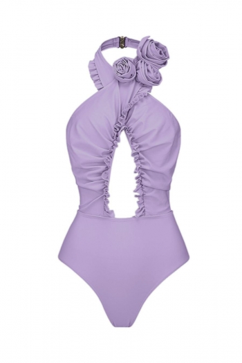 sexy padded hollow solid color flower decor one-piece swimsuit #1