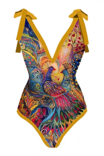 vintage peacock printing padded sling one-piece swimsuit