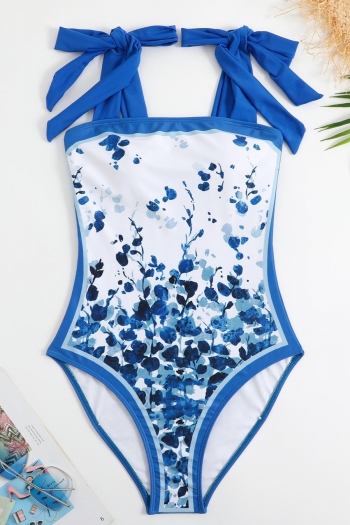 vintage padded leaf printing lace-up one piece swimsuit