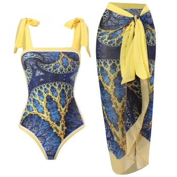stylish batch printing one piece swimsuit with skirt(skirt only one size)
