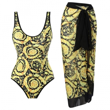 vintage floral batch printing one piece swimwear with skirt(skirt only one size)