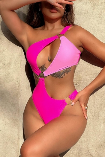 sexy colorblock padded one shoulder metallic ring linked one-piece swimsuit