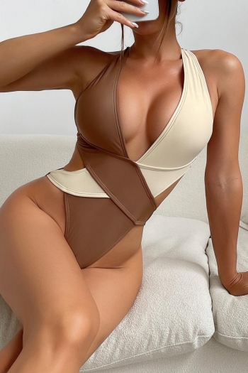 sexy padded color-block cross sling backless one piece swimsuit