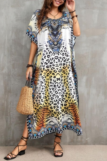 stylish leopard printing crew neck slit beach dress cover-up