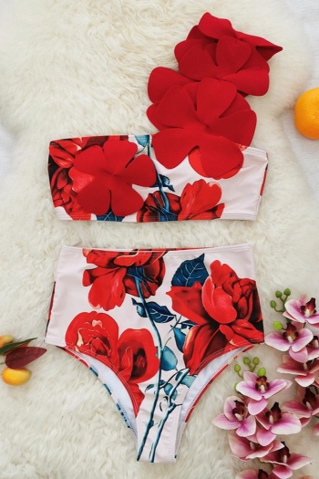 sexy flower shape decor floral printing padded one shoulder tankini sets