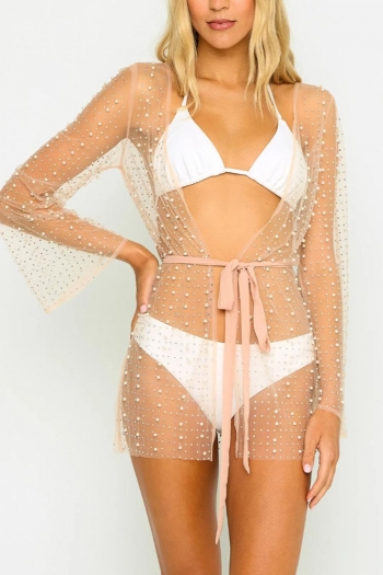 sexy slight stretch belt pearl rhinestone cardigan cover-ups(only cover-ups)