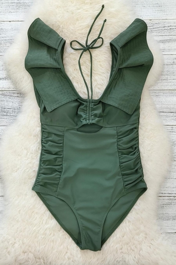 sexy pure color padded halter-neck lace-up ruffle hollow one-piece swimsuit