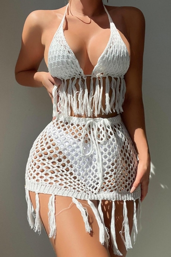 sexy cut out knitted halter-neck tassel skirt sets cover-up(no underwear)