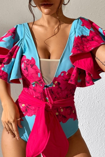 sexy floral printing mesh stitching padded ruffle one-piece swimsuit with belt