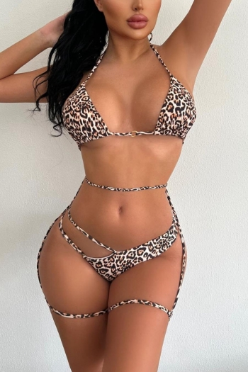 sexy leopard printing padded halter-neck lace-up bikini sets with leg ring