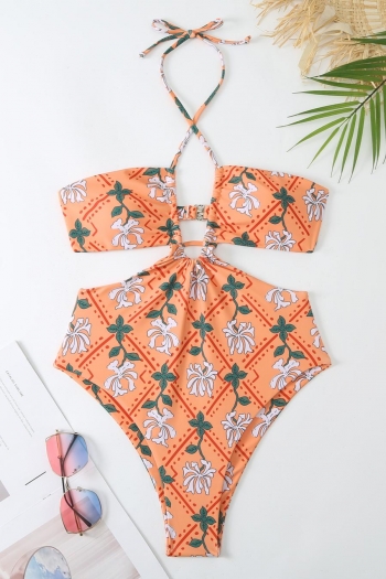 sexy floral printing hollow halter-neck one piece swimwear