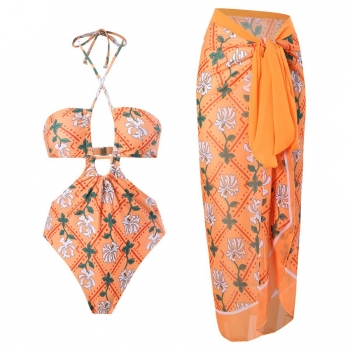 sexy padded floral print one-piece swimsuit with cover-up(skirt only one size)