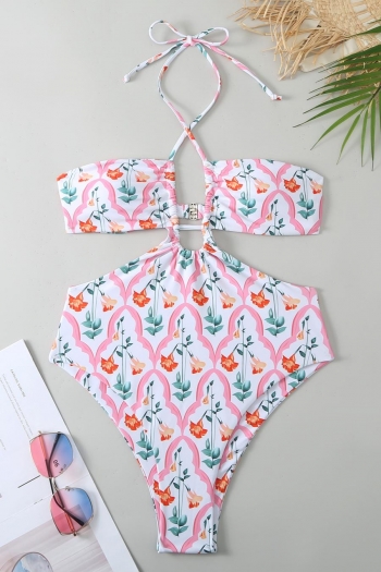 sexy padded floral printing hollow one piece swimsuit