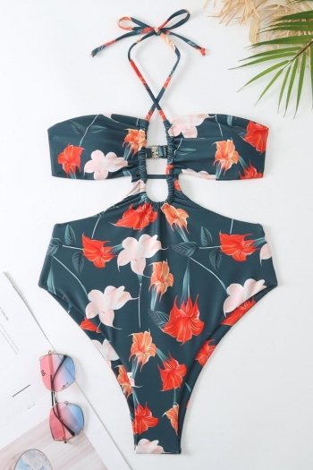 sexy padded flower printing hollow one piece swimsuit