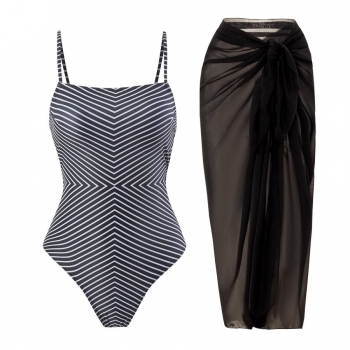sexy stripe print padded one piece swimsuit with cover-up(skirt only one size)