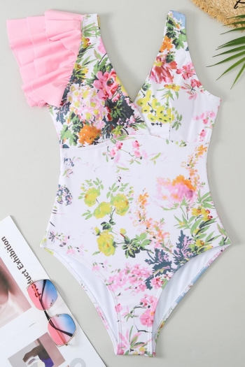 vintage flower batch printing ruffle one piece swimsuit