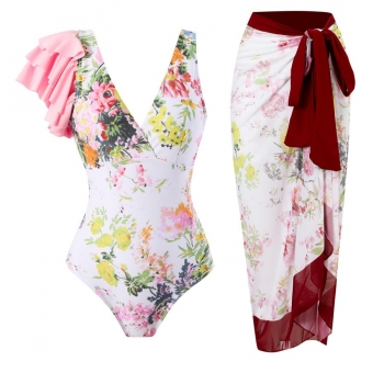 vintage ruffle padded one piece swimsuit with cover-up(skirt only one size)