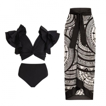sexy geometric printing ruffle padded three-piece swimwear(skirt only one size)