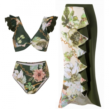 sexy flower printing ruffle padded three-piece swimwear