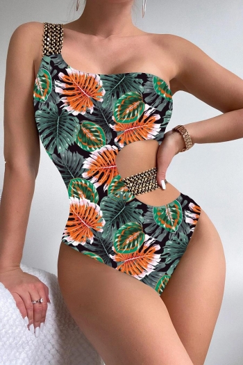 sexy plant batch printing padded one shoulder hollow one-piece swimsuit