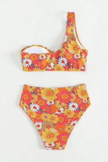 Sexy floral printing padded one shoulder high waist tankini sets
