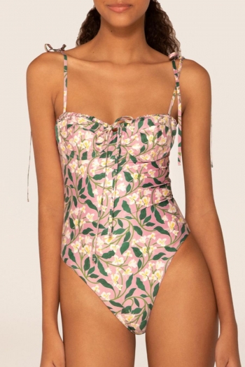 sexy floral batch printing lace-up underwire padded one-piece swimsuit