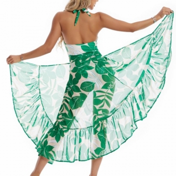 Sexy leaf printing mesh lace-up beach skirt cover-up