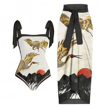 retro crane printing padded one piece swimsuit with skirt(skirt only one size)