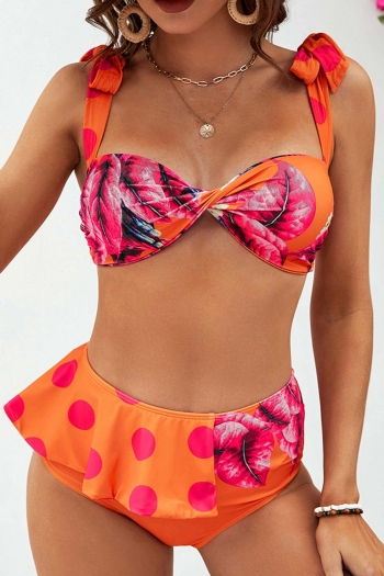 sexy floral and leather batch printing padded tie-shoulder ruffle bikini sets