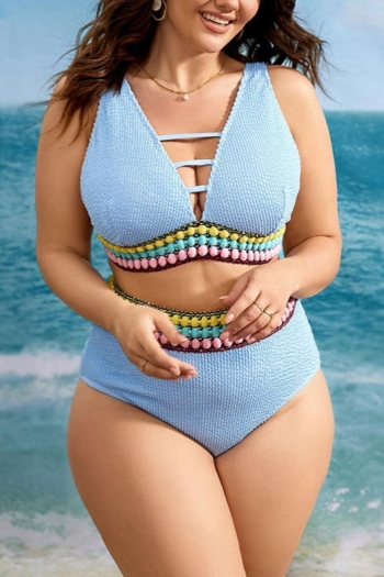 sexy l-4xl plus size solid color hollow high waist padded tankini set