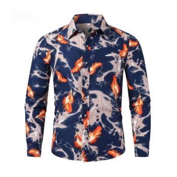 casual plus size non-stretch single breasted feather batch printing men shirts#1