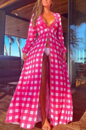 stylish lattice printing chiffon v-neck beach kimono cover-up(only cover-up)