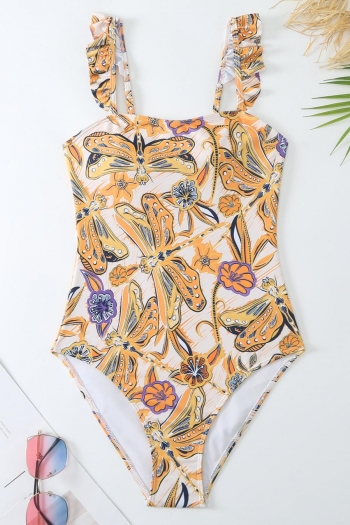 retro padded dragonfly printing ruffle one piece swimsuit