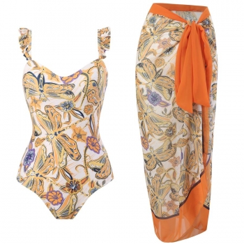 retro dragonfly print padded one piece swimwear with cover-up(skirt one size)