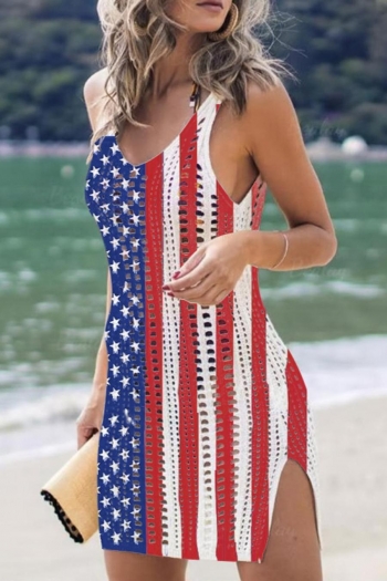 sexy plus size american flag printing cutout knitted beach cover-up