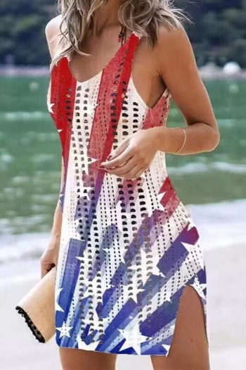 sexy plus size american flag printing cutout knitted beach dress cover-up #2