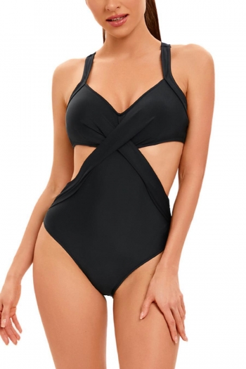 sexy plus size padded hollow cross sling solid color one piece swimsuit