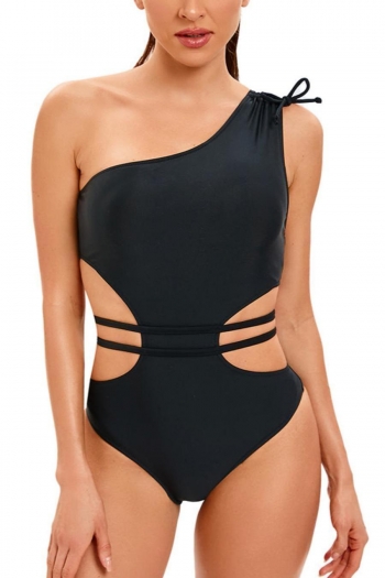 sexy plus size solid color hollow padded one shoulder one piece swimwear