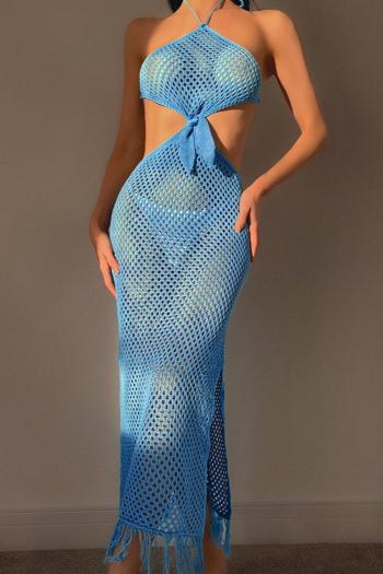 sexy cut out knitted halter-neck tassel beach dress cover-up(only cover-up)