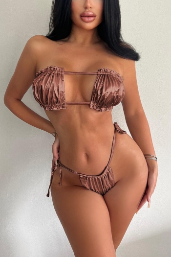 sexy solid color padded lace-up bandeau bikini sets