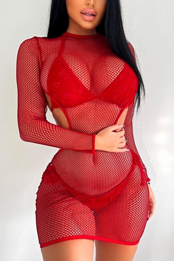 sexy see through fishnet long sleeve hollow beach dress cover-up(only cover-up)