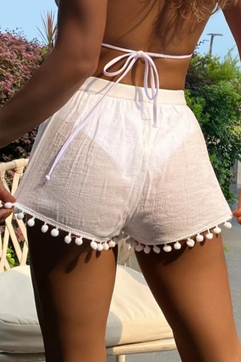 sexy slight stretch solid color hairball tassel beach shorts cover-up(no panty)