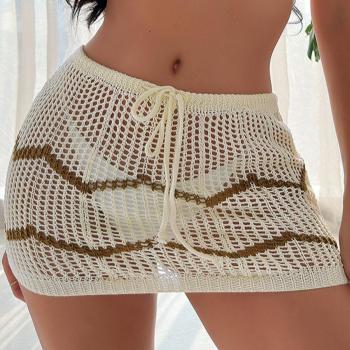 sexy cut out stripe knitted drawstring beach mini skirt cover-up(on panty)