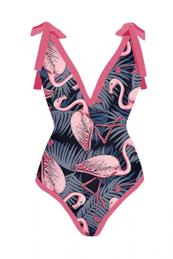 sexy flamingo printing padded tie-shoulder backless one-piece swimsuit